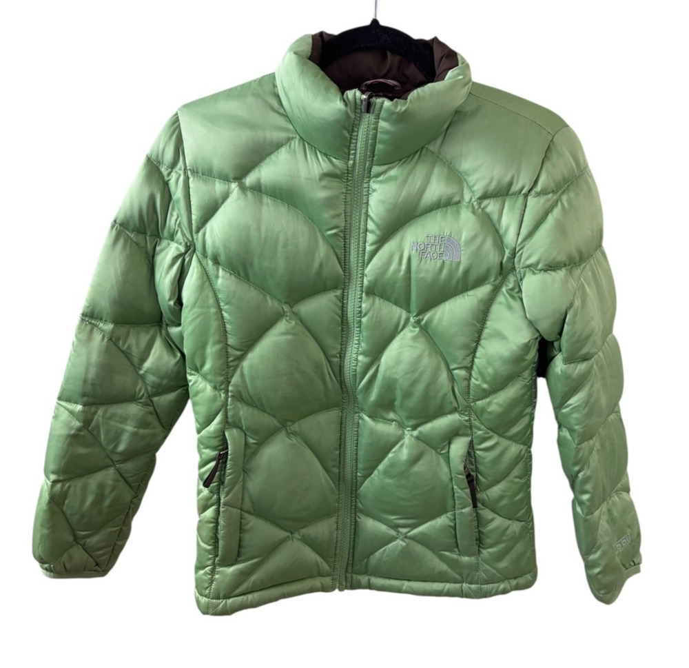 The North Face 550 Down Jacket Kids Large Green Quilted Puffer Winter Pockets